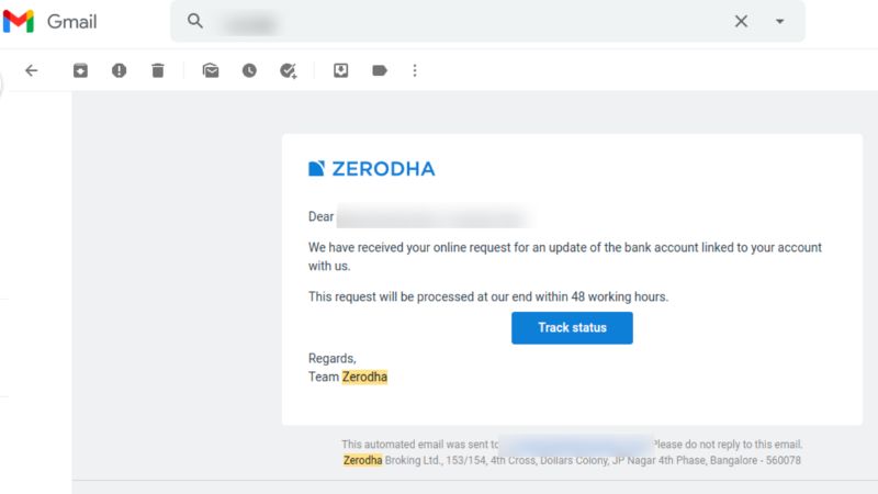 Zerodha Bank Account Link Request Email