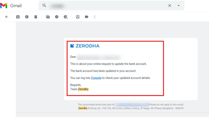 Zerodha Bank Account Upadte Email